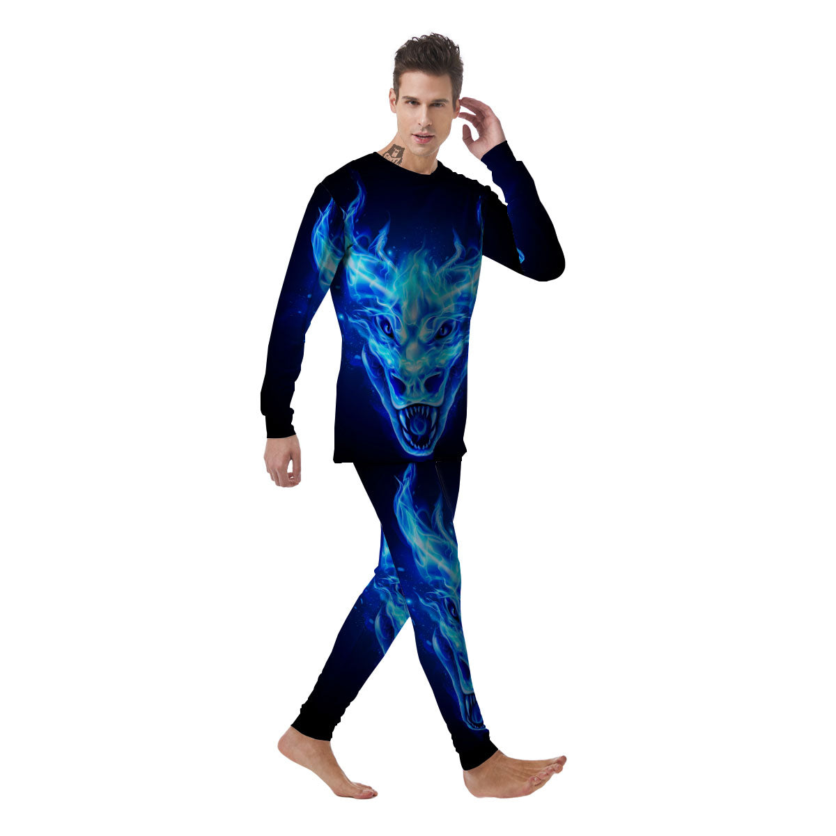 Dragon Head in Blue Flame Print Men's Pajamas-grizzshop