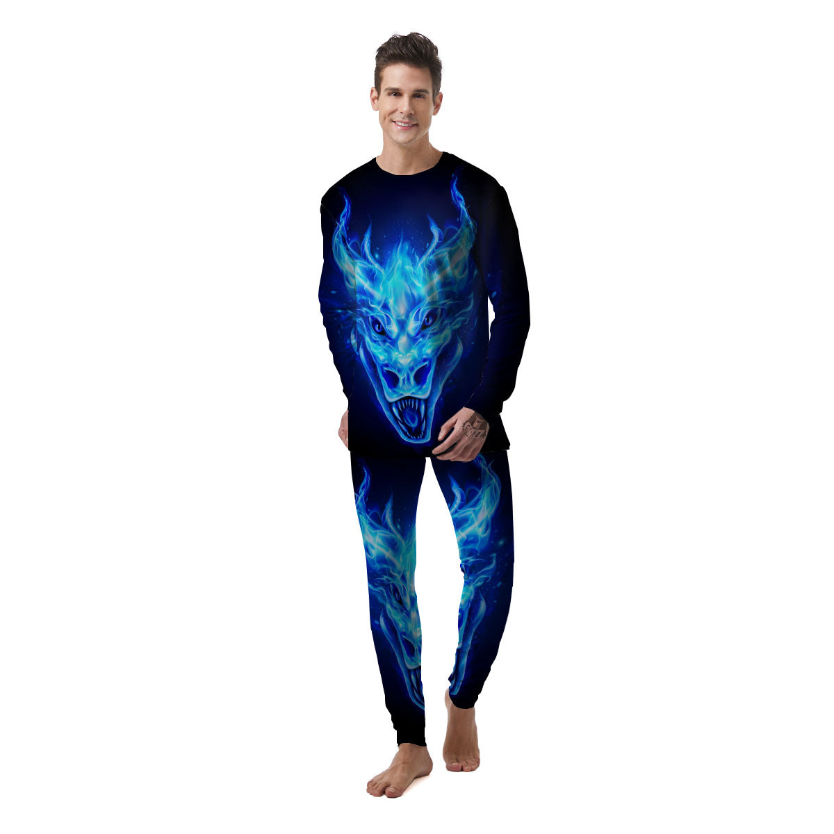 Dragon Head in Blue Flame Print Men's Pajamas-grizzshop