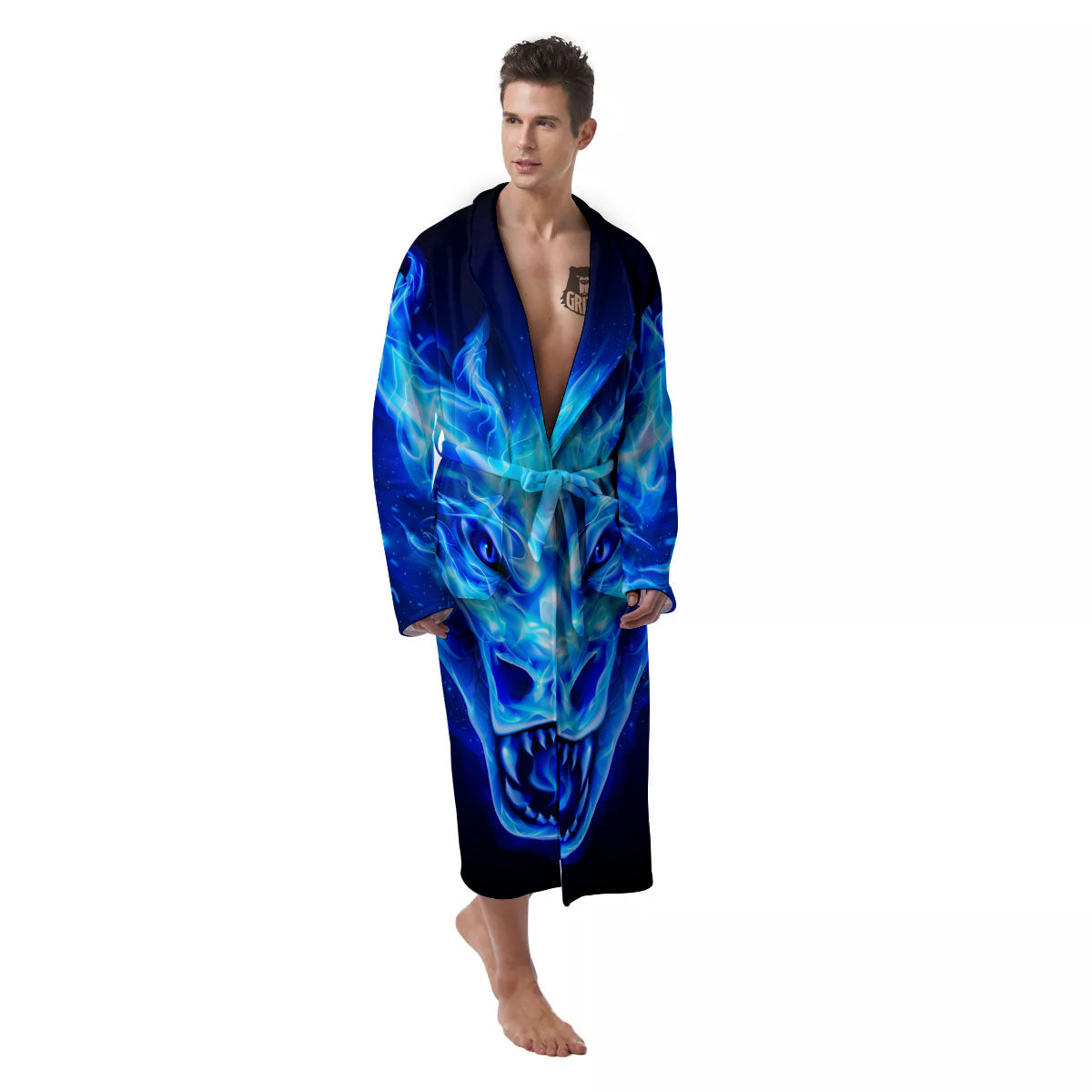 Dragon Head in Blue Flame Print Men's Robe-grizzshop