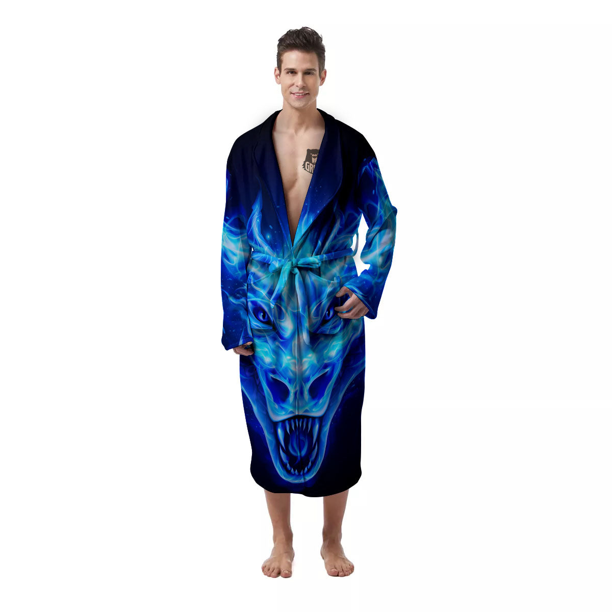 Dragon Head in Blue Flame Print Men's Robe-grizzshop