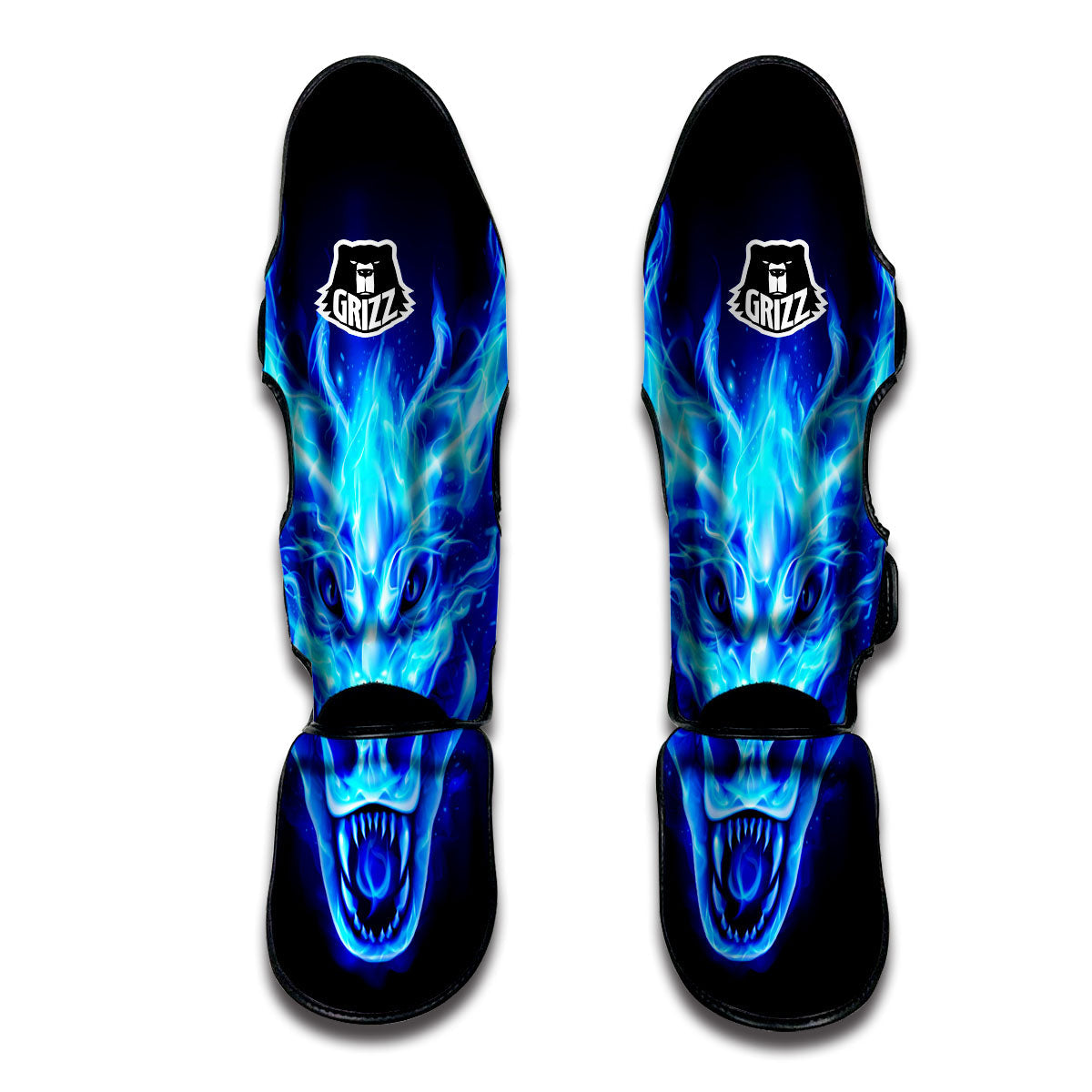 Dragon Head in Blue Flame Print Muay Thai Shin Guards