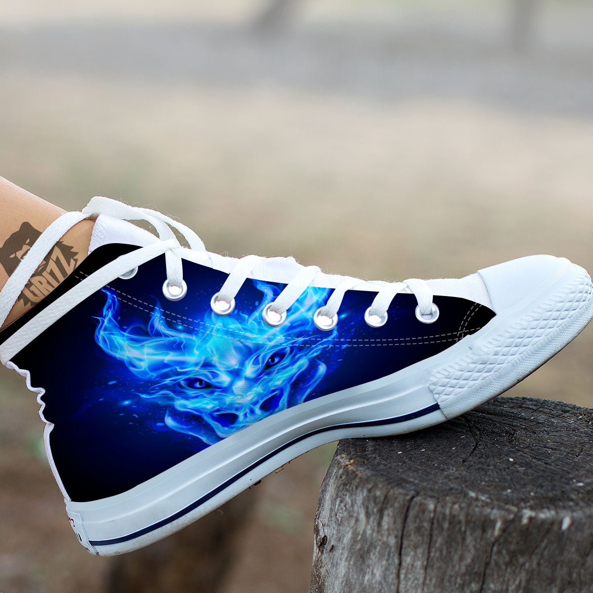 Dragon Head in Blue Flame Print White High Top Shoes-grizzshop