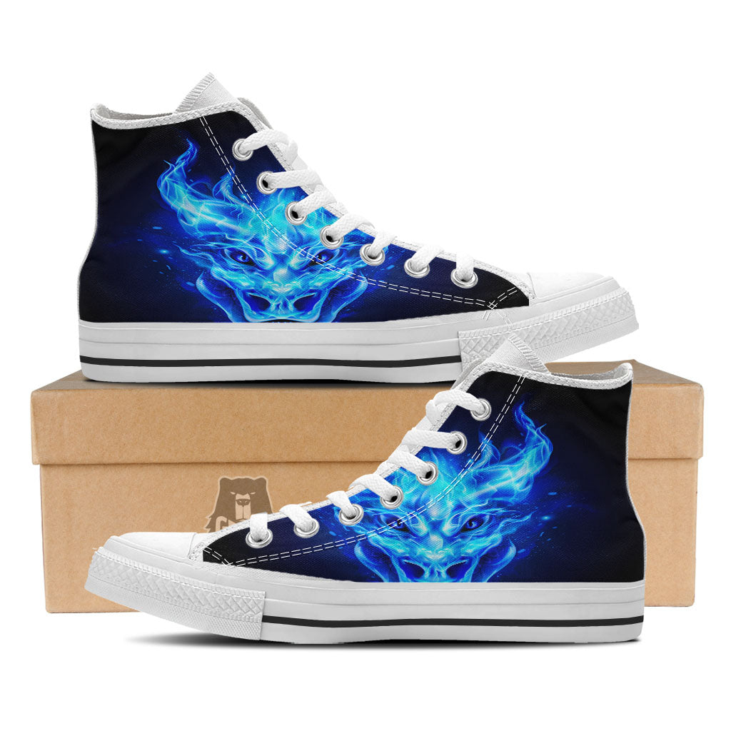 Dragon Head in Blue Flame Print White High Top Shoes-grizzshop