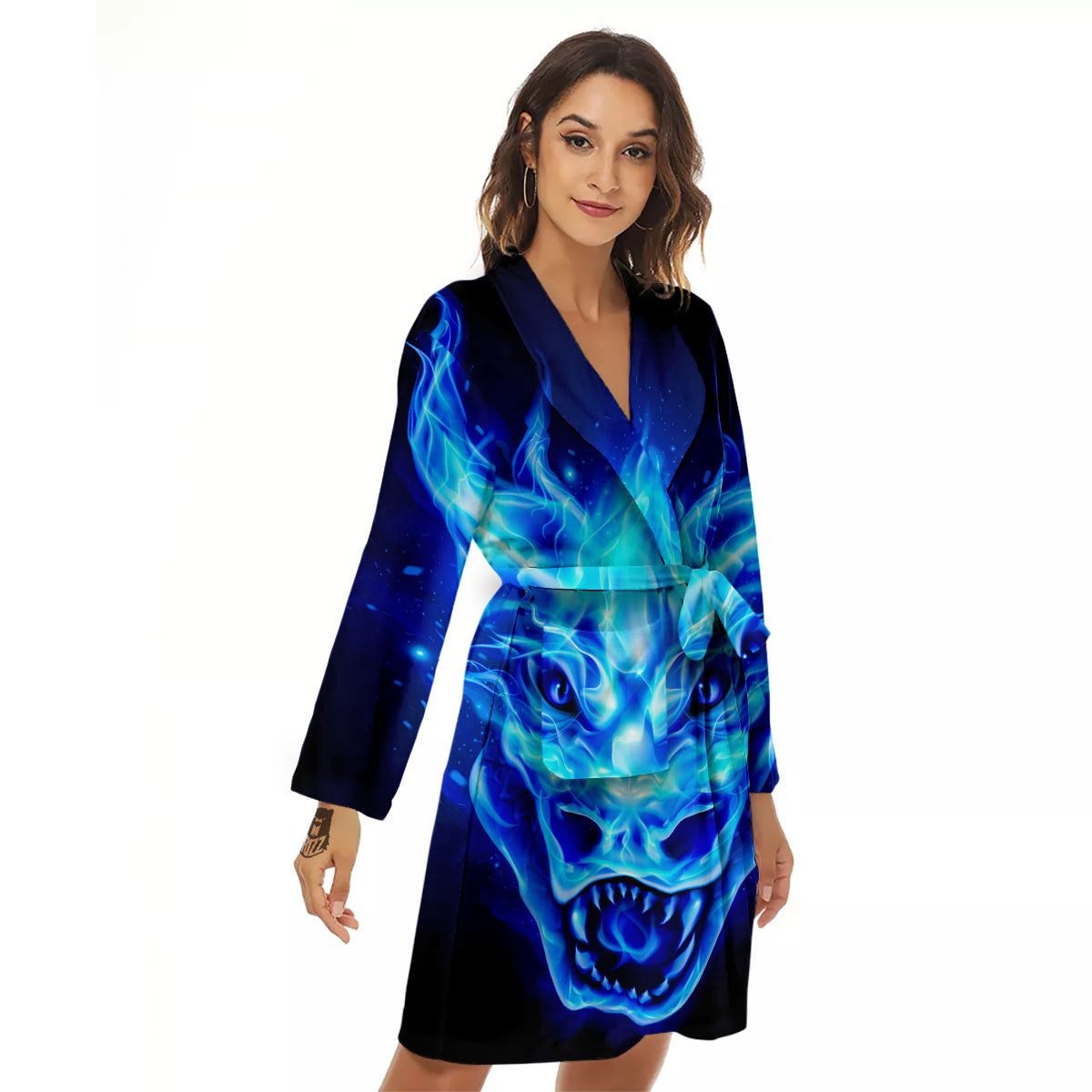Dragon Head in Blue Flame Print Women's Robe-grizzshop