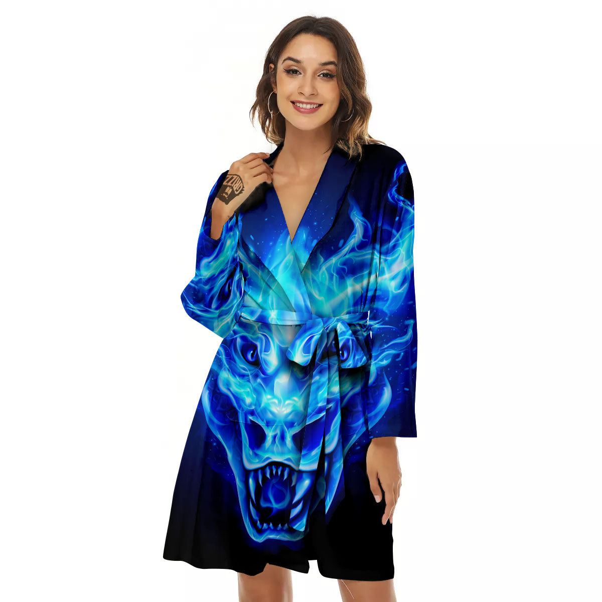 Dragon Head in Blue Flame Print Women's Robe-grizzshop