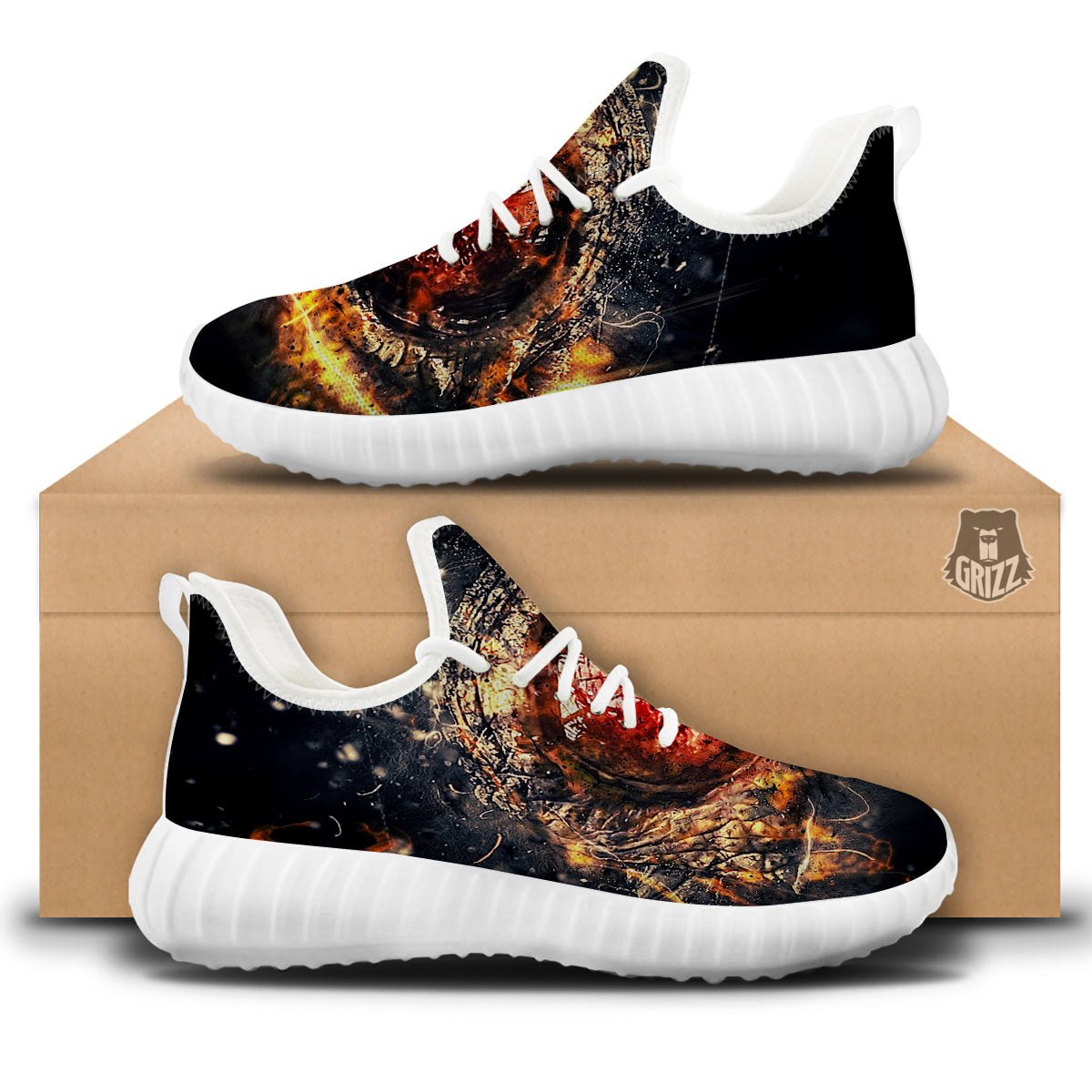 Dragon Red Eye Fire Print White Walking Shoes-grizzshop