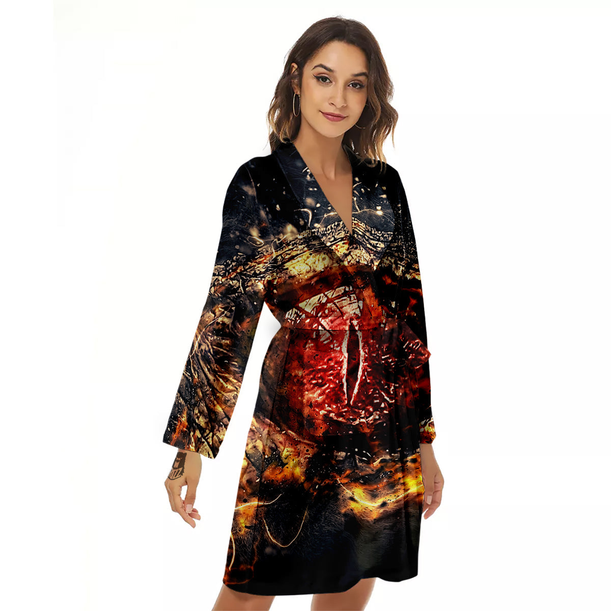 Dragon Red Eye Fire Print Women's Robe-grizzshop