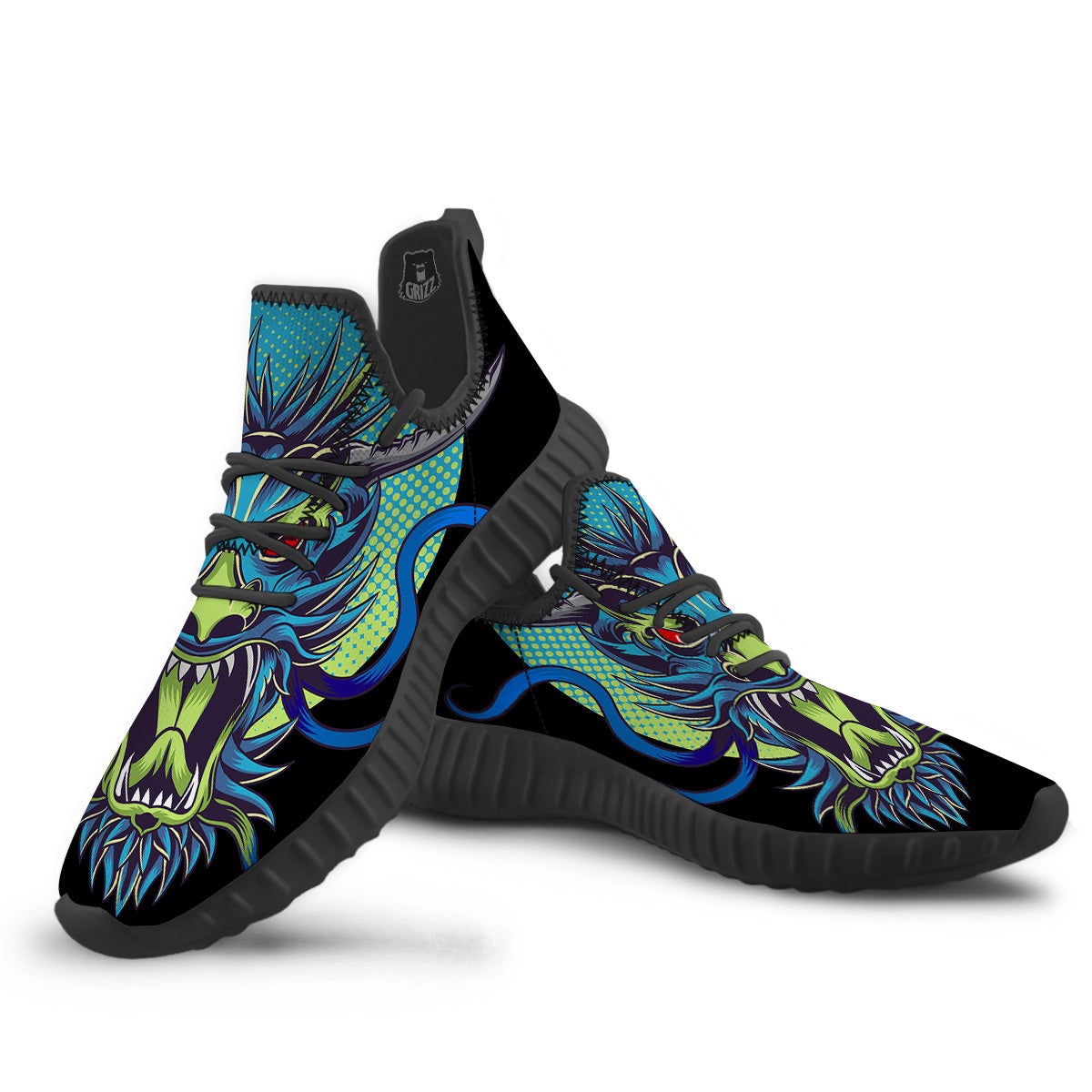 Dragon Tattoo Blue Japanese Print Black Walking Shoes-grizzshop