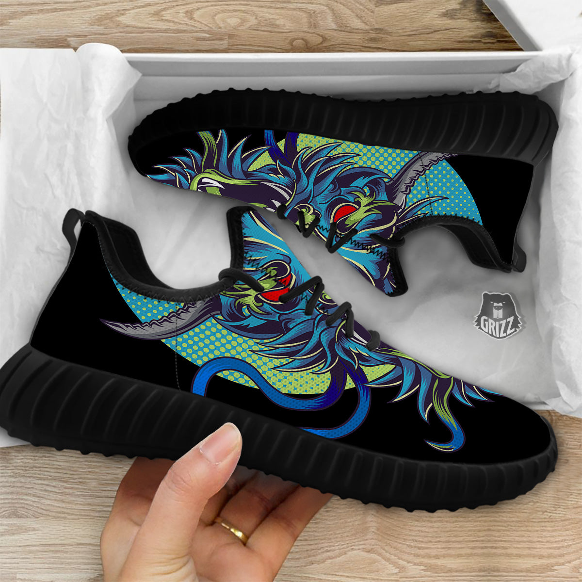 Dragon Tattoo Blue Japanese Print Black Walking Shoes-grizzshop
