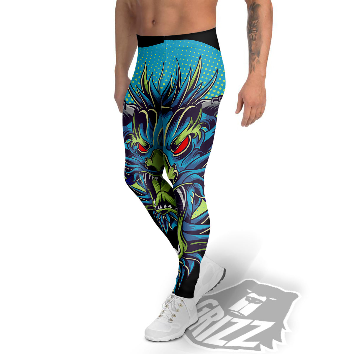 Dragon Tattoo Blue Japanese Print Men's Leggings-grizzshop