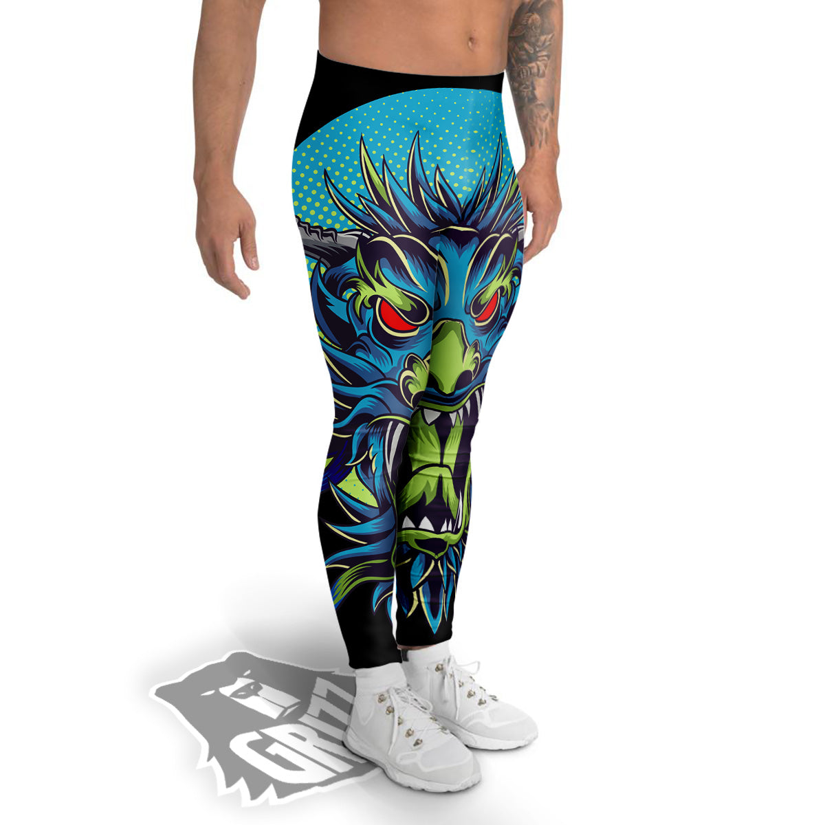 Dragon Tattoo Blue Japanese Print Men's Leggings-grizzshop