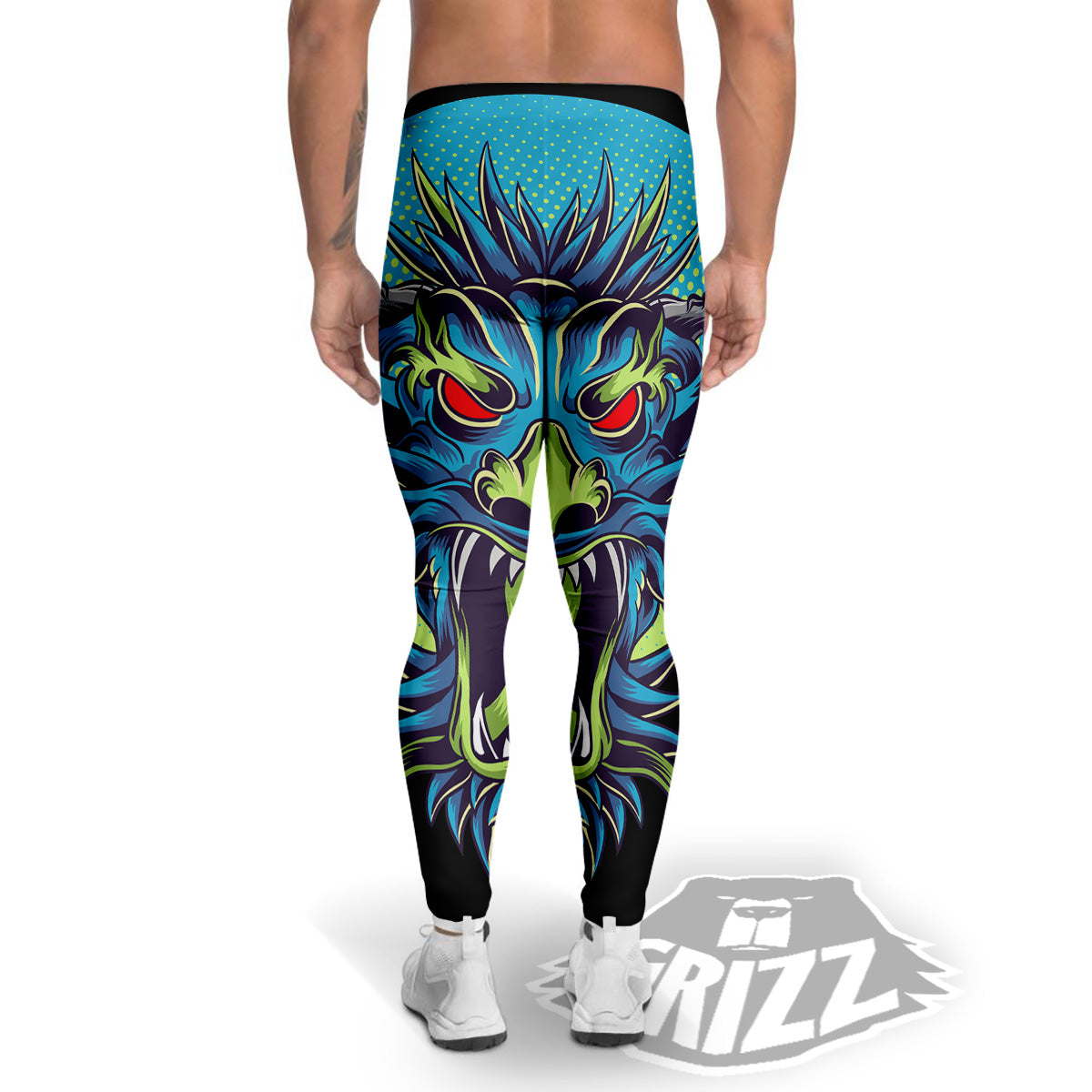 Dragon Tattoo Blue Japanese Print Men's Leggings-grizzshop