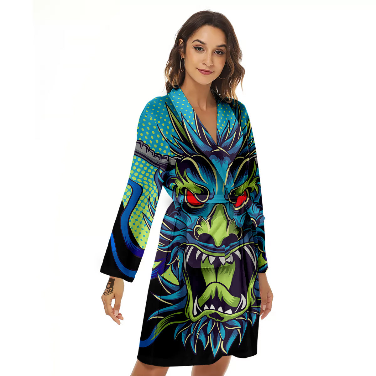 Dragon Tattoo Blue Japanese Print Women's Robe-grizzshop