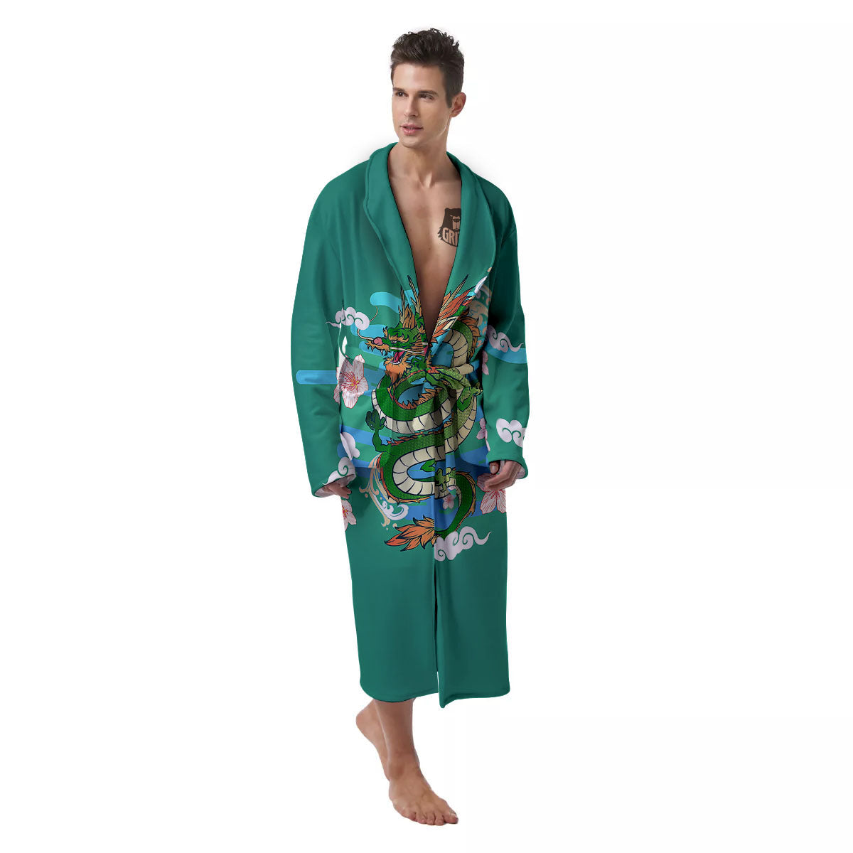 Dragon Tattoo Green Japanese Print Men's Robe-grizzshop
