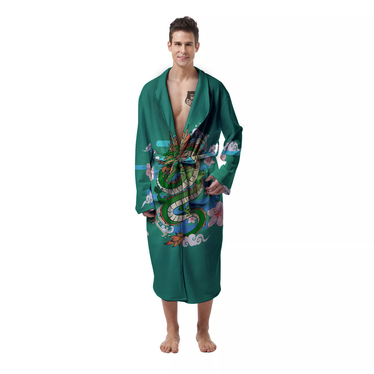 Dragon Tattoo Green Japanese Print Men's Robe-grizzshop
