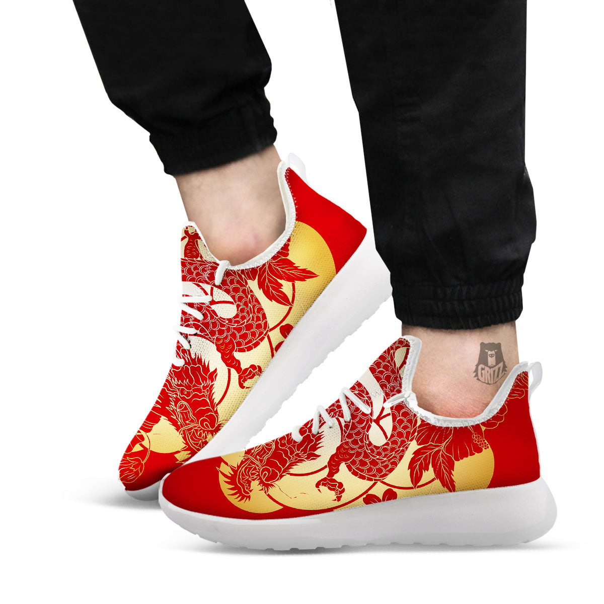 Dragon Tattoo Red Japanese Print White Athletic Shoes-grizzshop