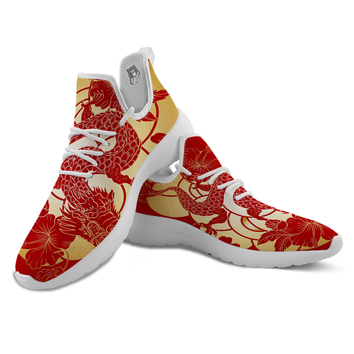 Dragon Tattoo Red Japanese Print White Athletic Shoes-grizzshop