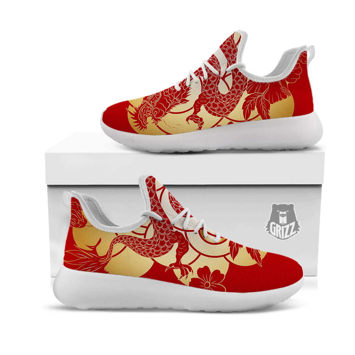 Dragon Tattoo Red Japanese Print White Athletic Shoes-grizzshop