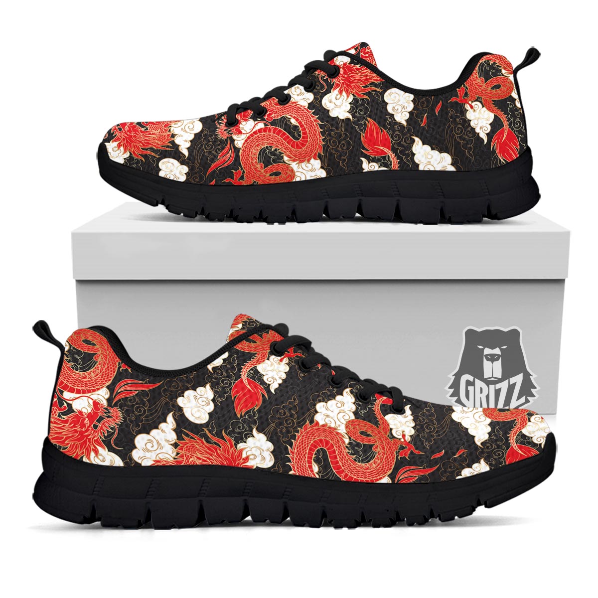 Dragon Traditional Chinese Print Pattern Black Sneaker-grizzshop