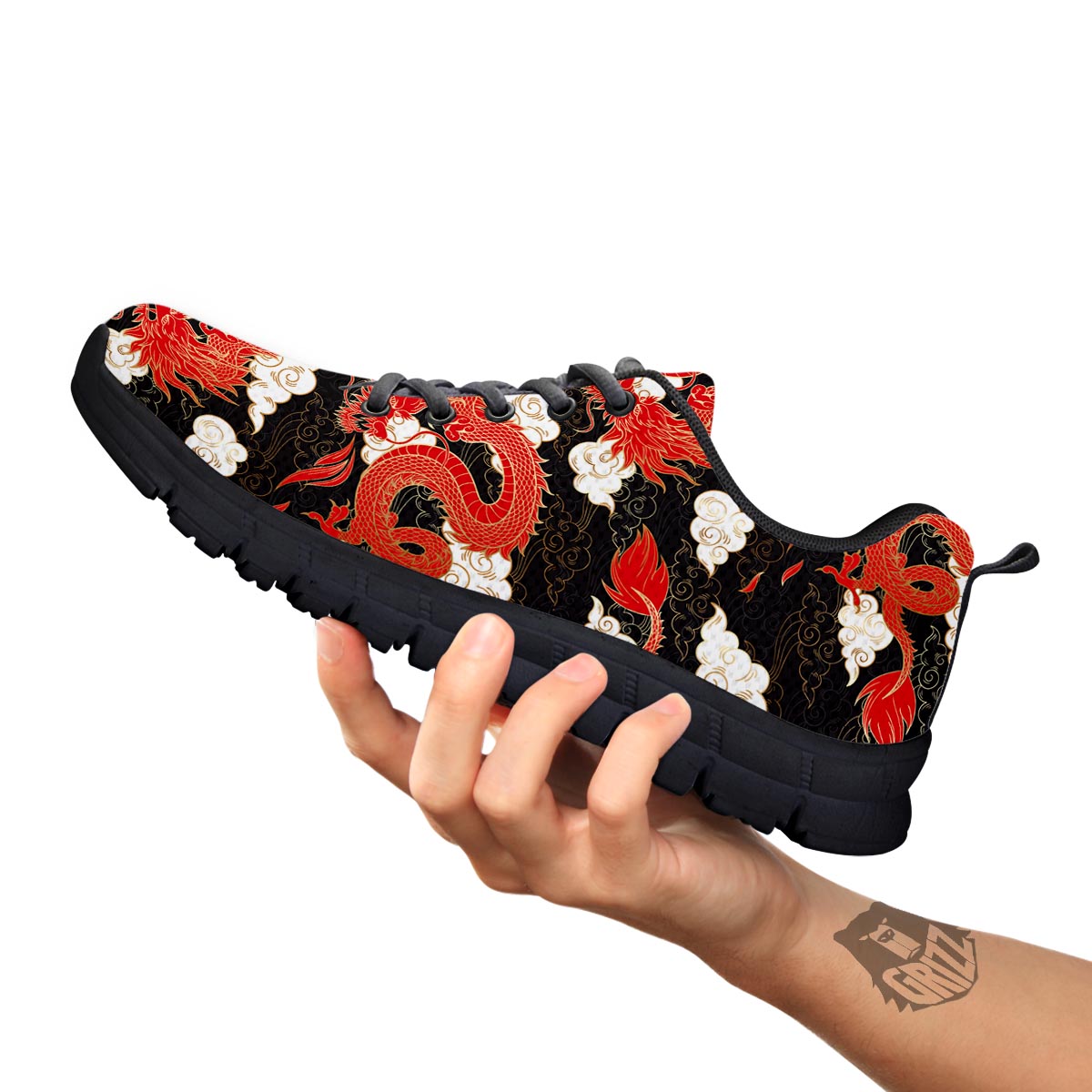 Dragon Traditional Chinese Print Pattern Black Sneaker-grizzshop