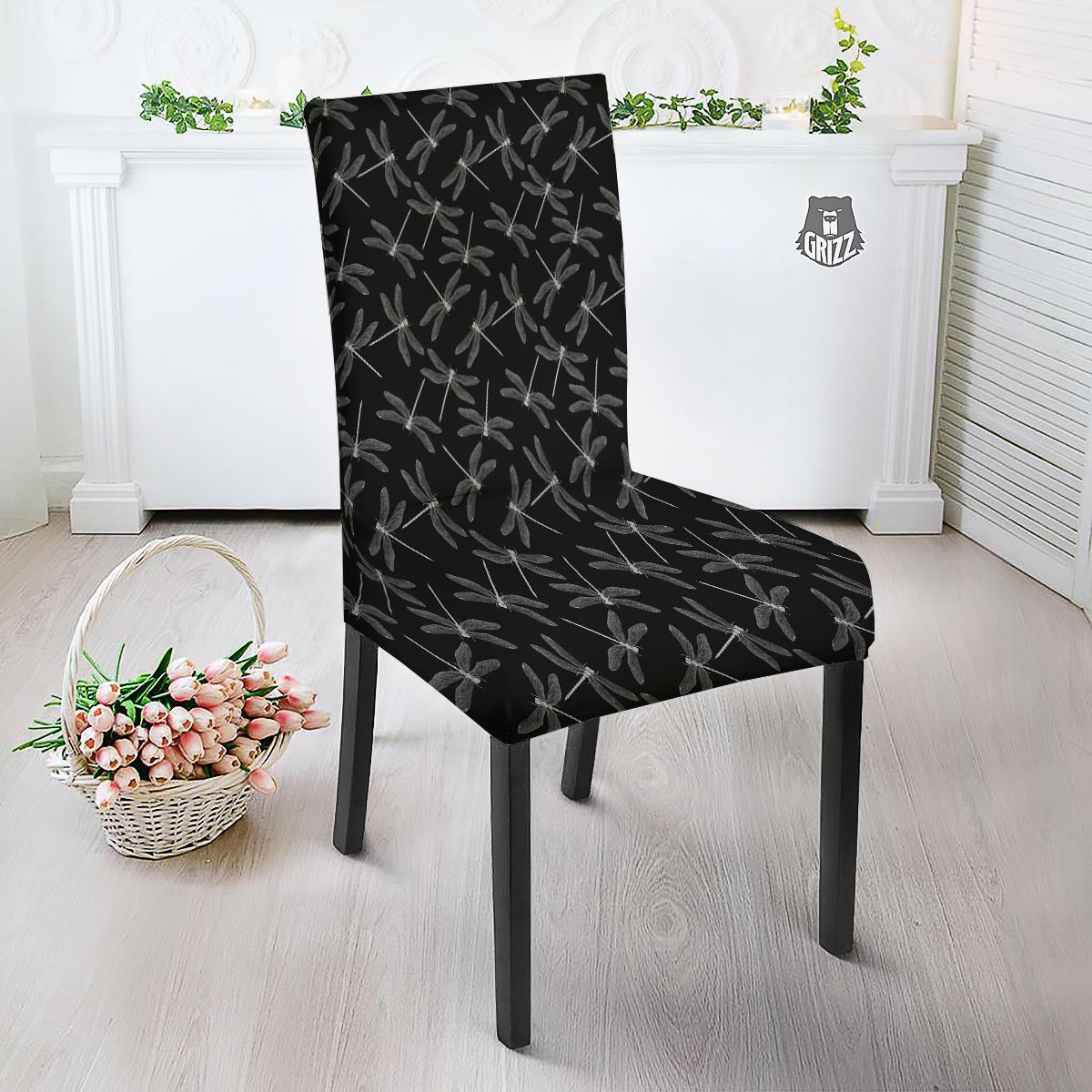 Dragonfly Black Print Pattern Dining Chair Slipcover-grizzshop