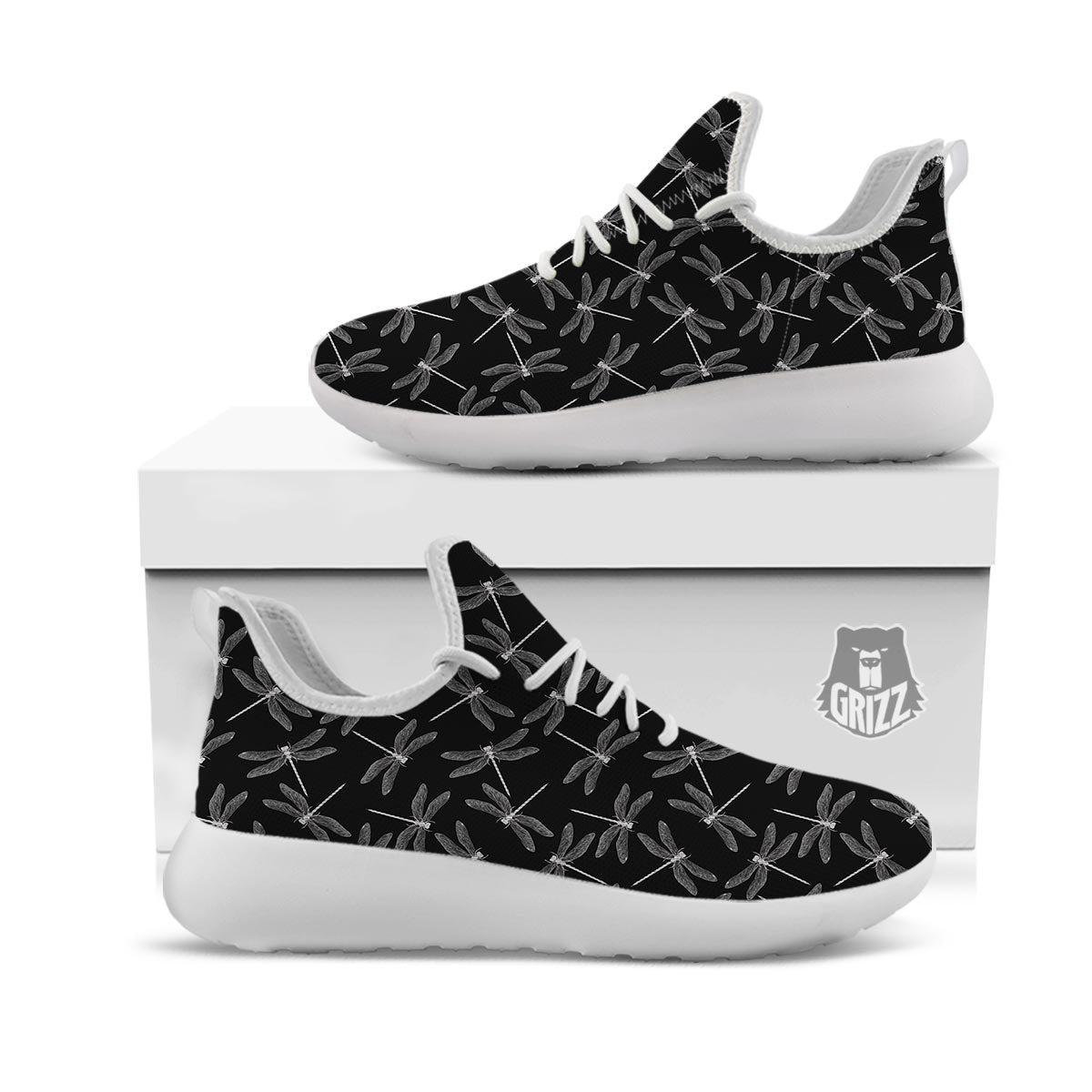 Dragonfly Black Print Pattern White Athletic Shoes-grizzshop