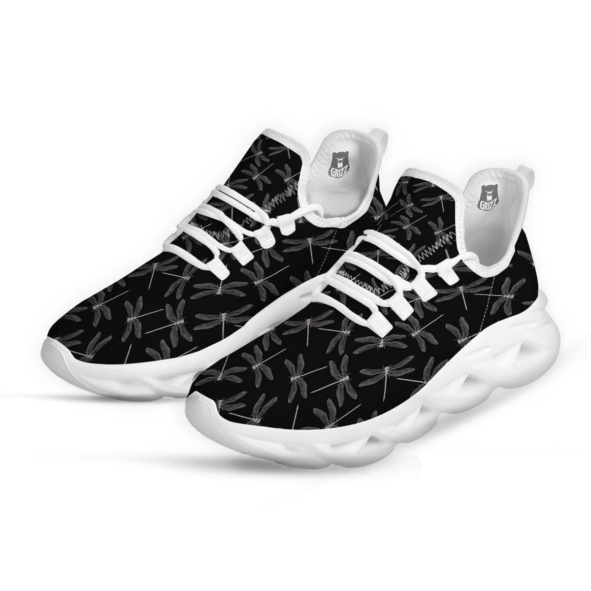 Dragonfly Black Print Pattern White Running Shoes-grizzshop