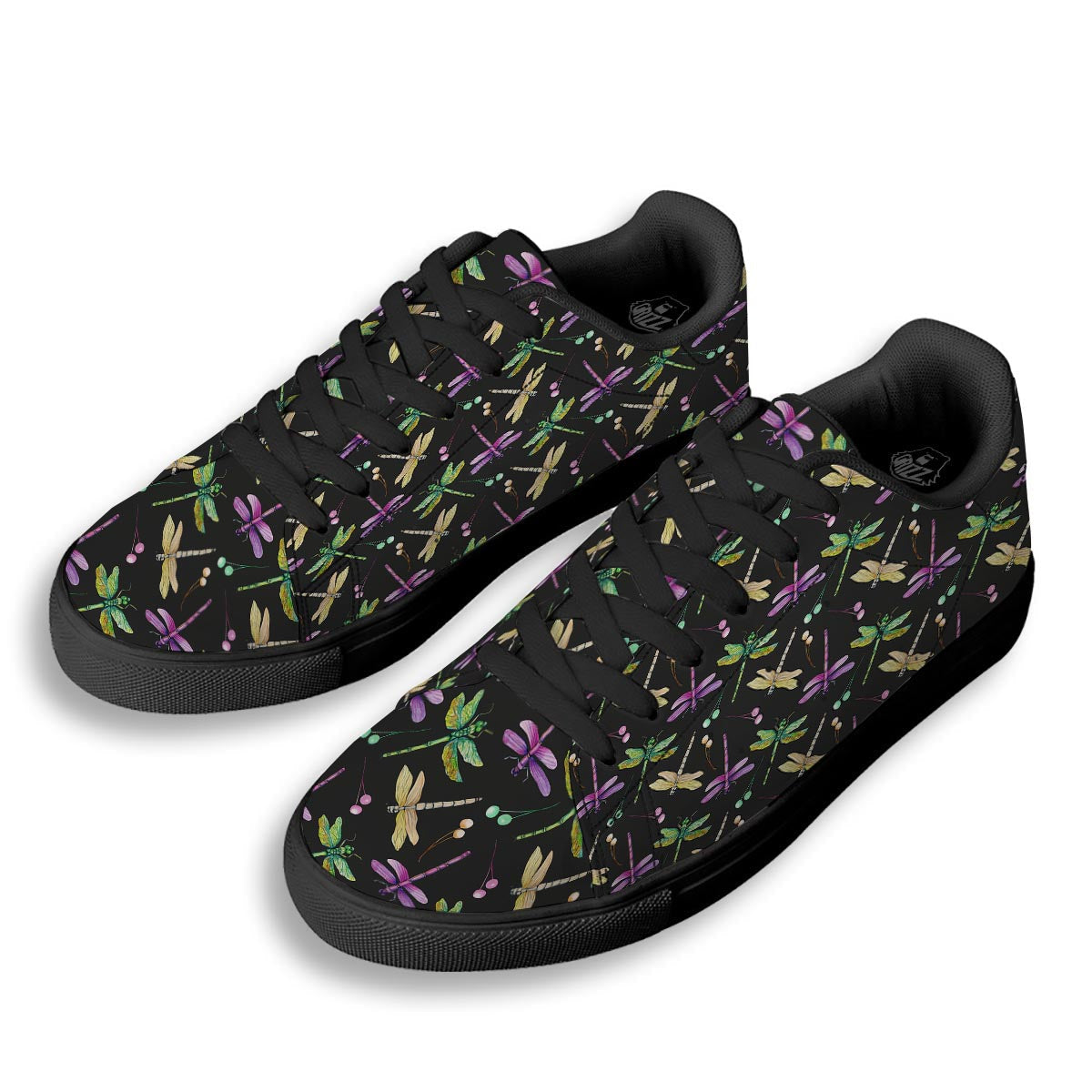 Dragonfly Black Purple And Teal Print Pattern Black Low Top Sneakers-grizzshop