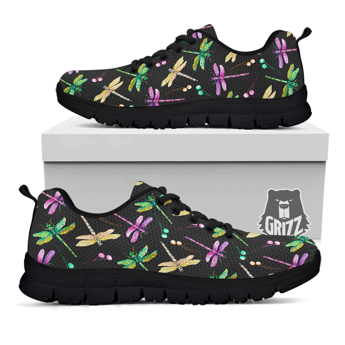 Dragonfly Black Purple And Teal Print Pattern Black Sneaker-grizzshop