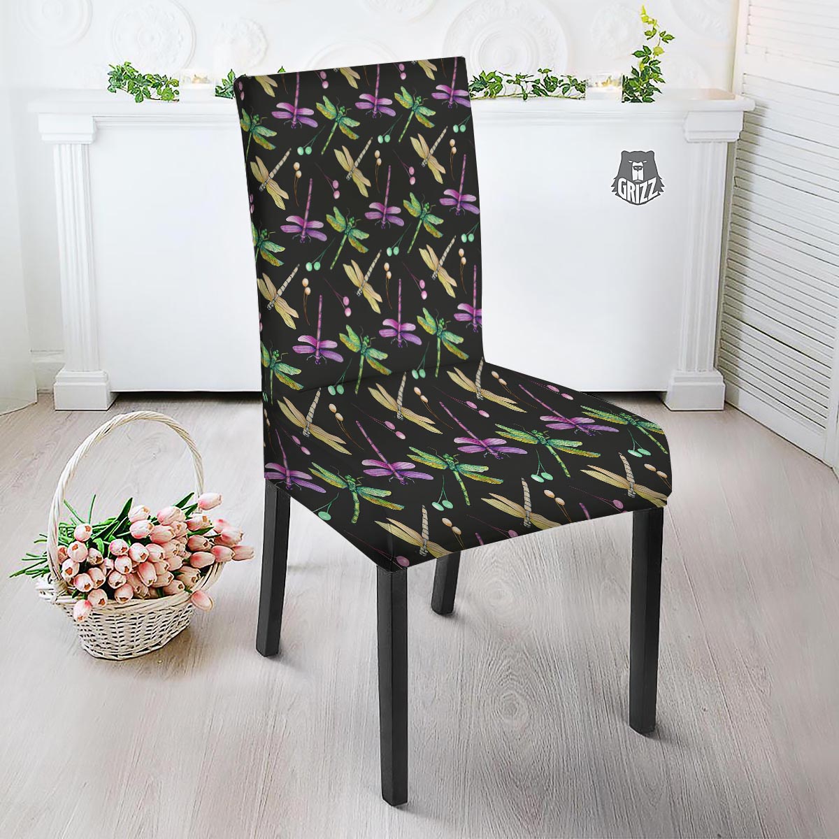 Dragonfly Black Purple And Teal Print Pattern Dining Chair Slipcover-grizzshop