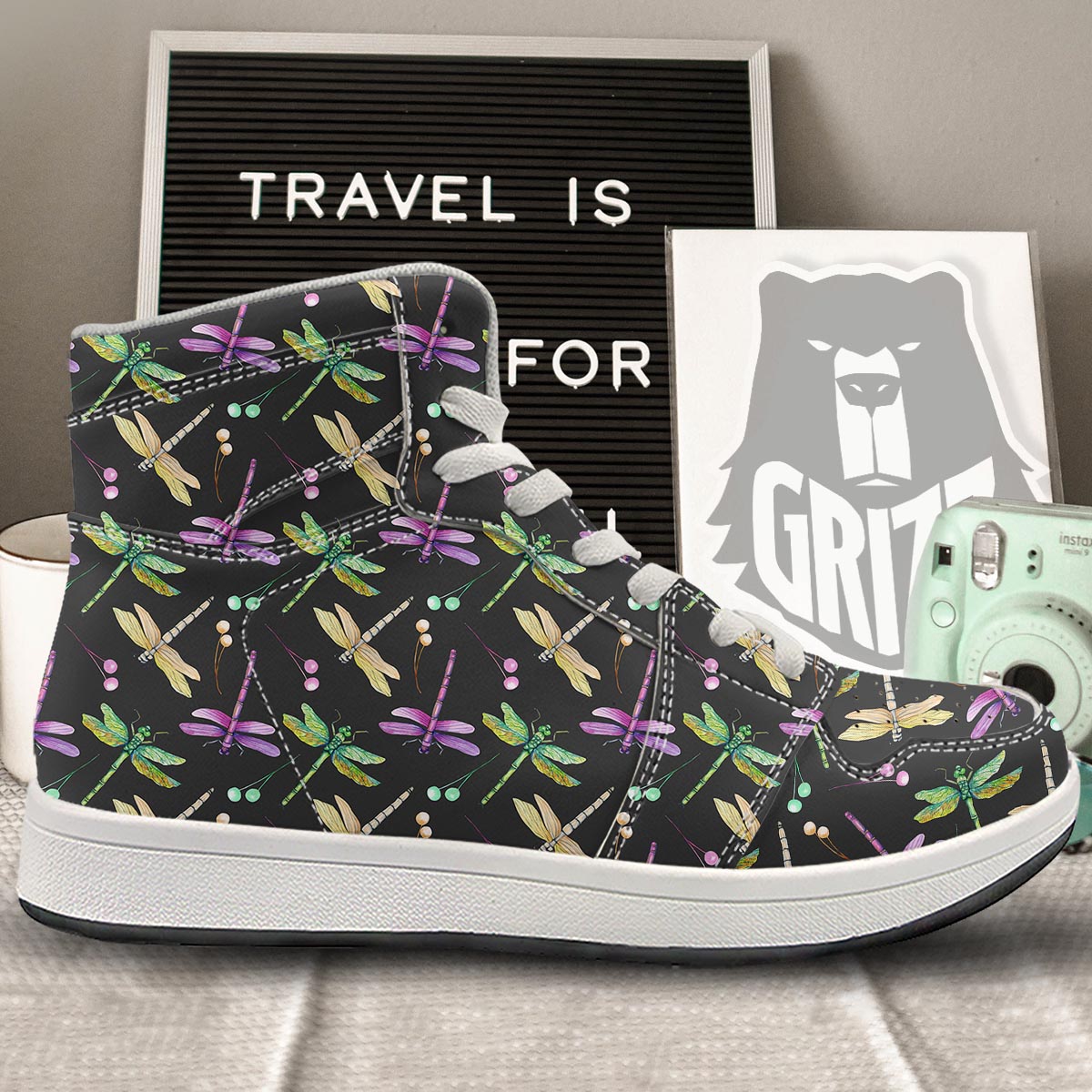 Dragonfly Black Purple And Teal Print Pattern High Top Sneakers-grizzshop