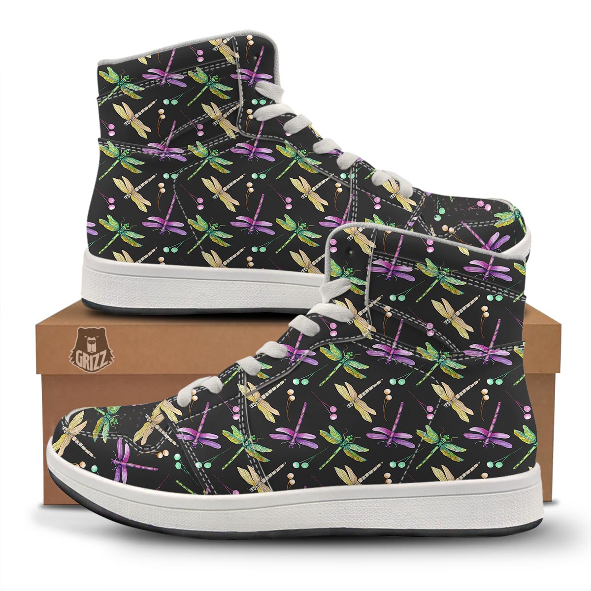 Dragonfly Black Purple And Teal Print Pattern High Top Sneakers-grizzshop