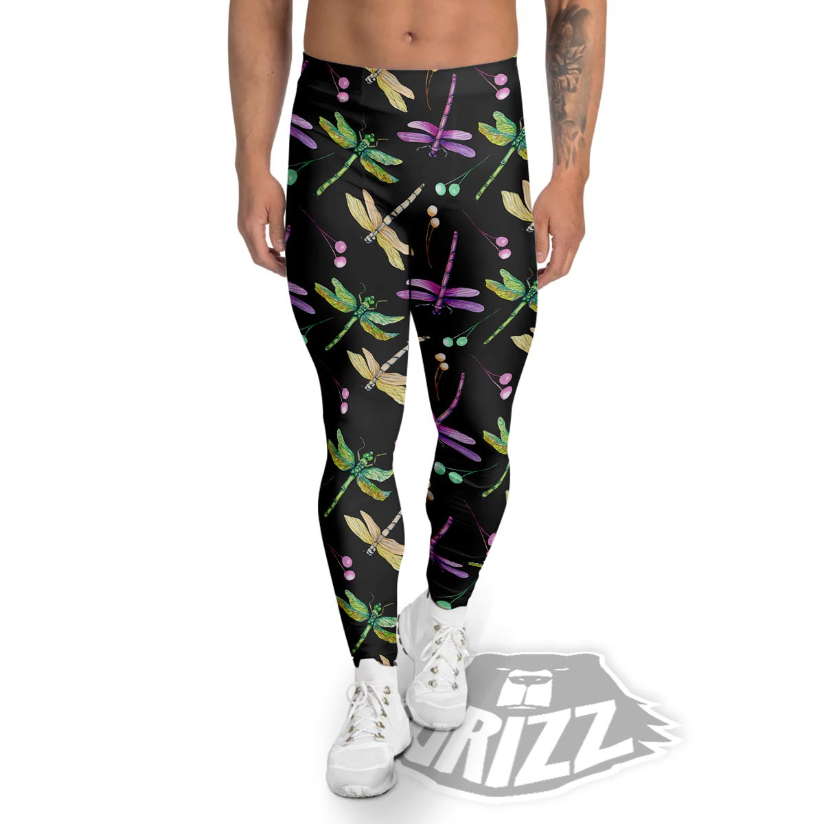 Dragonfly Black Purple And Teal Print Pattern Men's Leggings-grizzshop