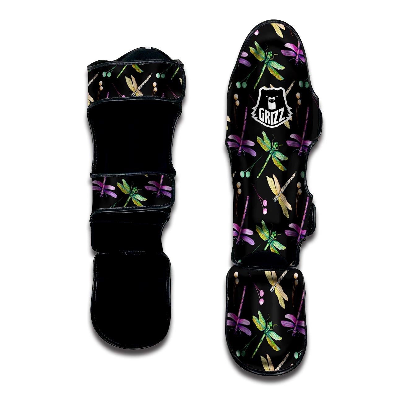 Dragonfly Black Purple And Teal Print Pattern Muay Thai Shin Guards-grizzshop