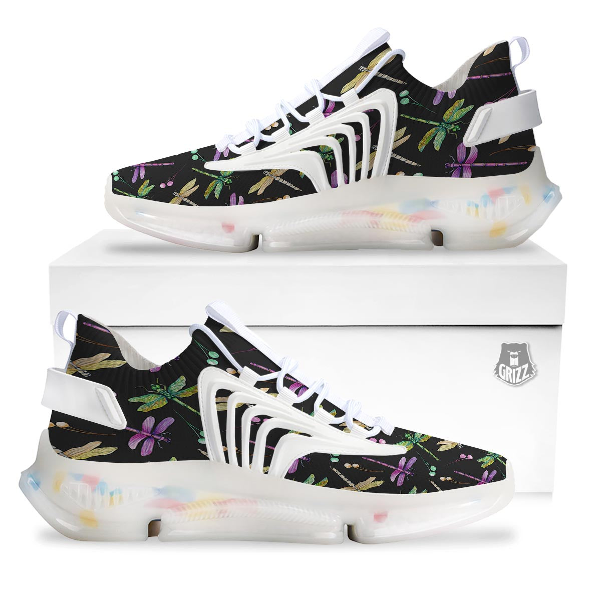 Dragonfly Black Purple And Teal Print Pattern White Gym Shoes-grizzshop