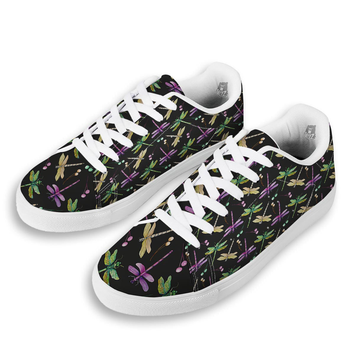 Dragonfly Black Purple And Teal Print Pattern White Low Top Sneakers-grizzshop