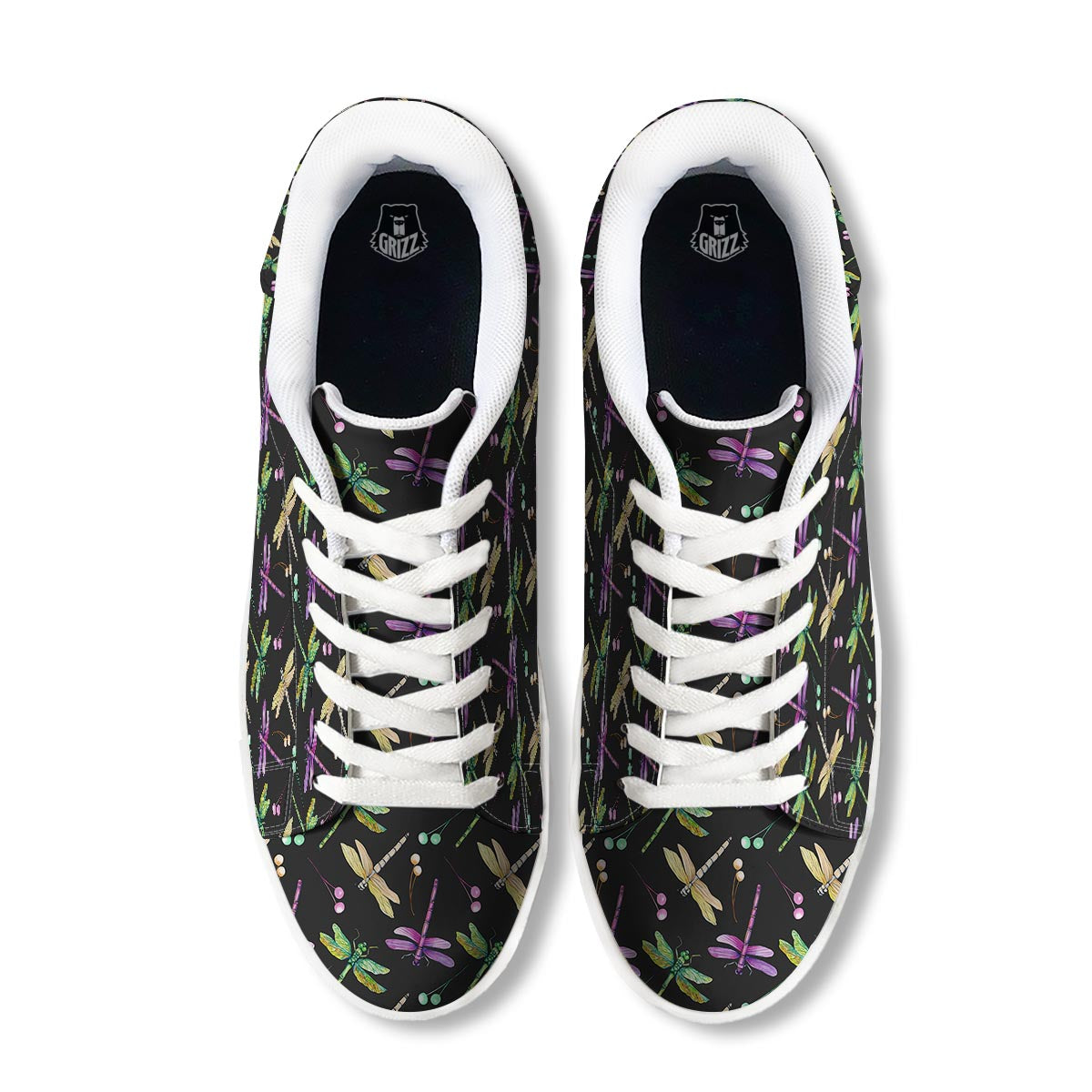 Dragonfly Black Purple And Teal Print Pattern White Low Top Sneakers-grizzshop