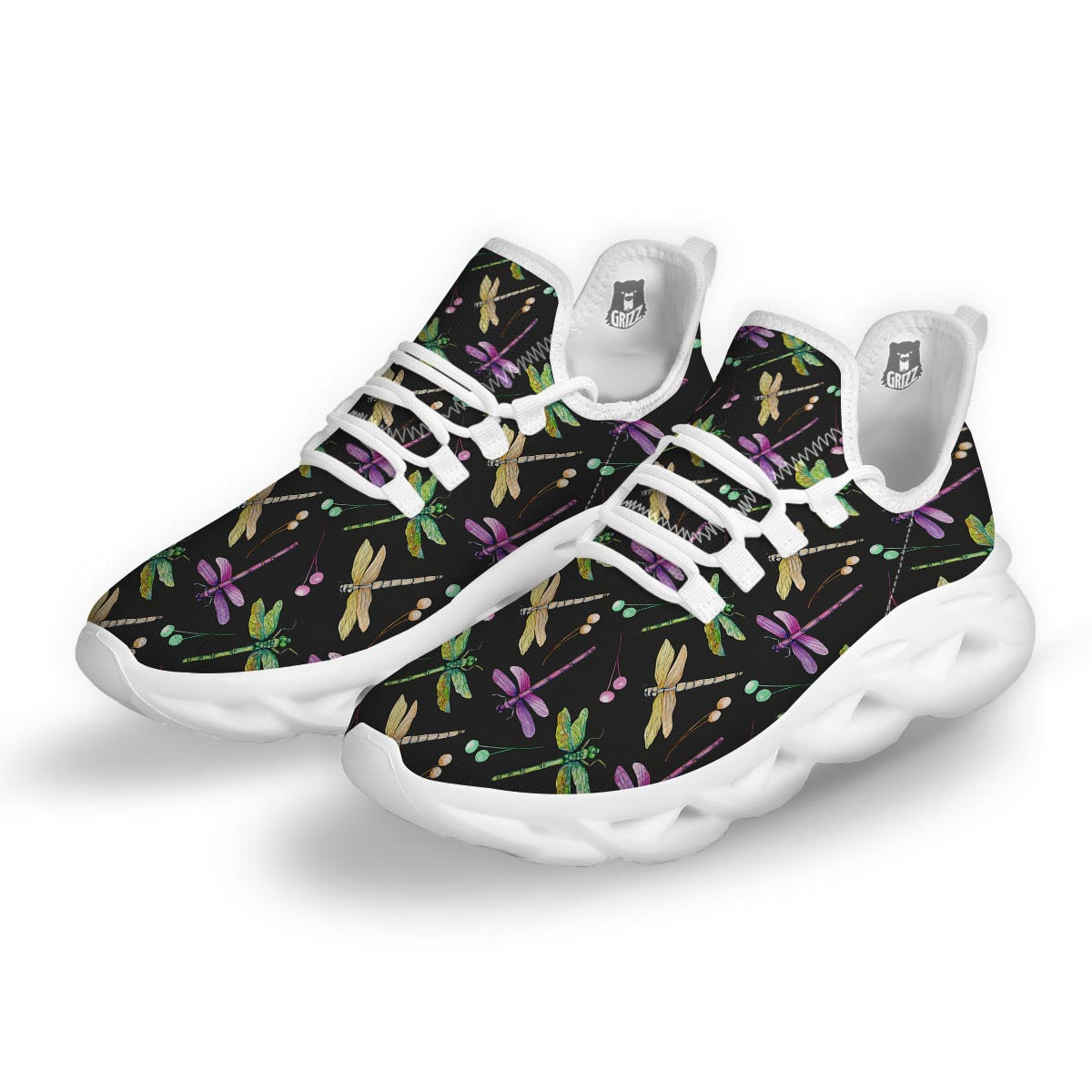 Dragonfly Black Purple And Teal Print Pattern White Running Shoes-grizzshop