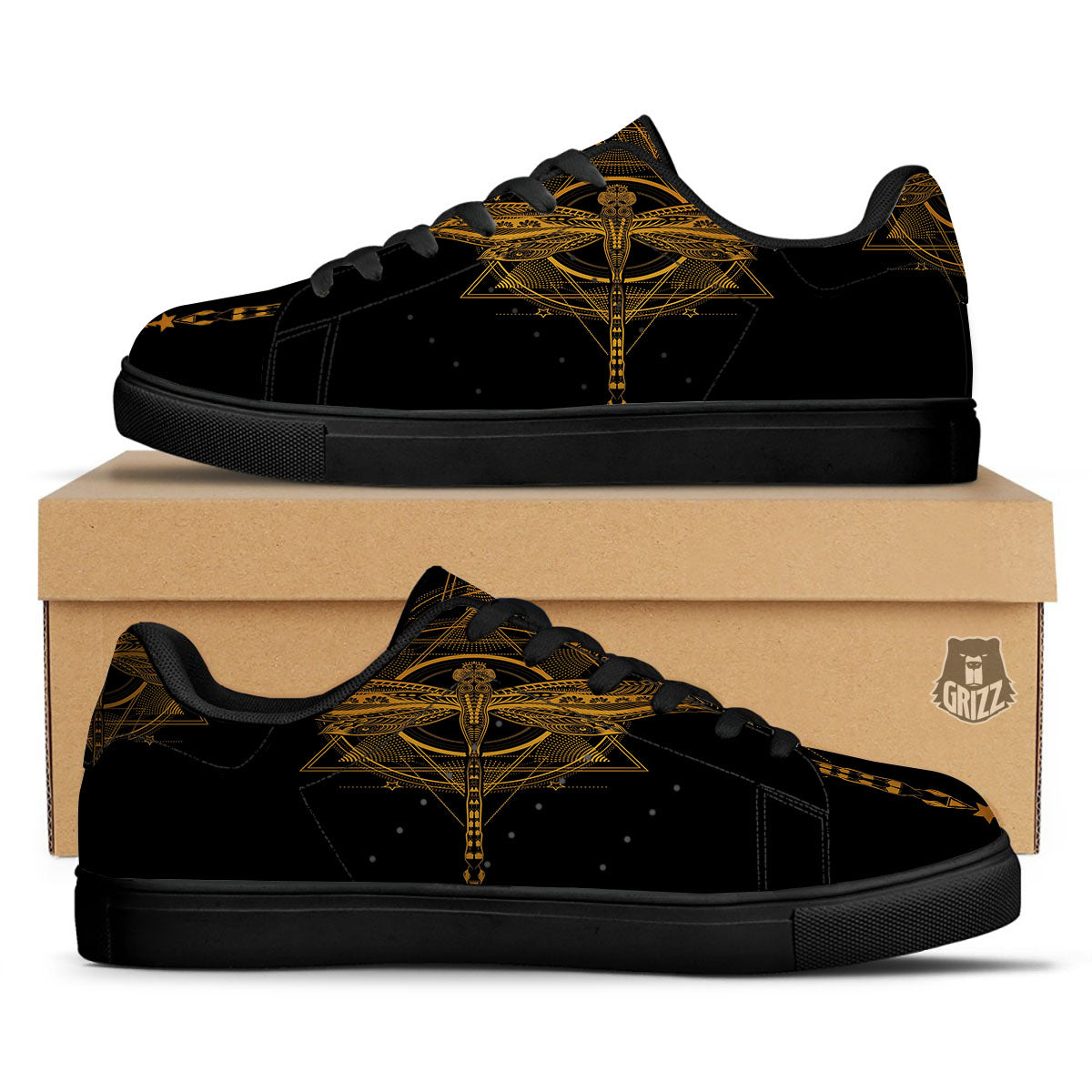 Dragonfly Boho Gold Print Black Low Top Sneakers-grizzshop