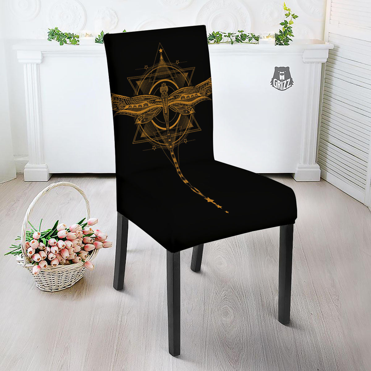 Dragonfly Boho Gold Print Dining Chair Slipcover-grizzshop