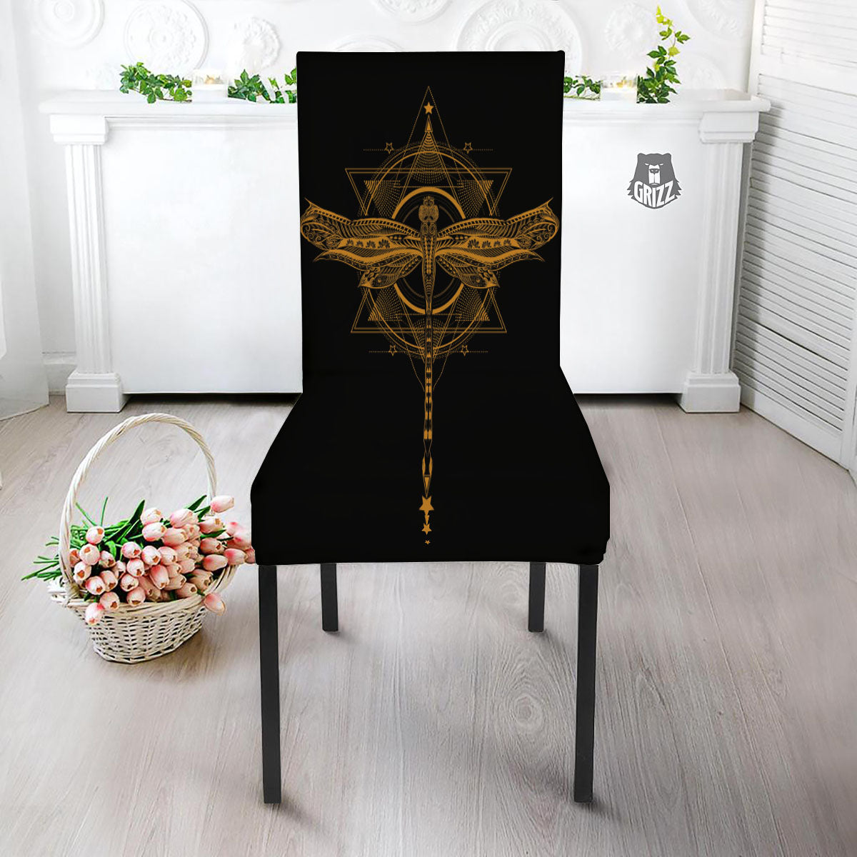 Dragonfly Boho Gold Print Dining Chair Slipcover-grizzshop