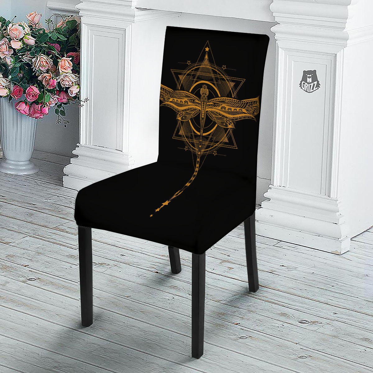 Dragonfly Boho Gold Print Dining Chair Slipcover-grizzshop