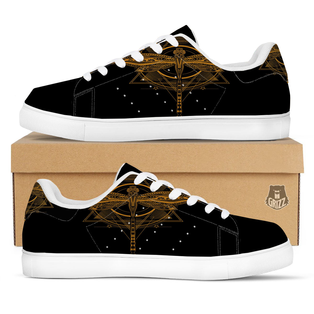 Dragonfly Boho Gold Print White Low Top Sneakers-grizzshop