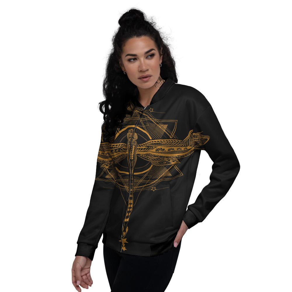 Dragonfly Boho Gold Print Women's Bomber Jacket-grizzshop