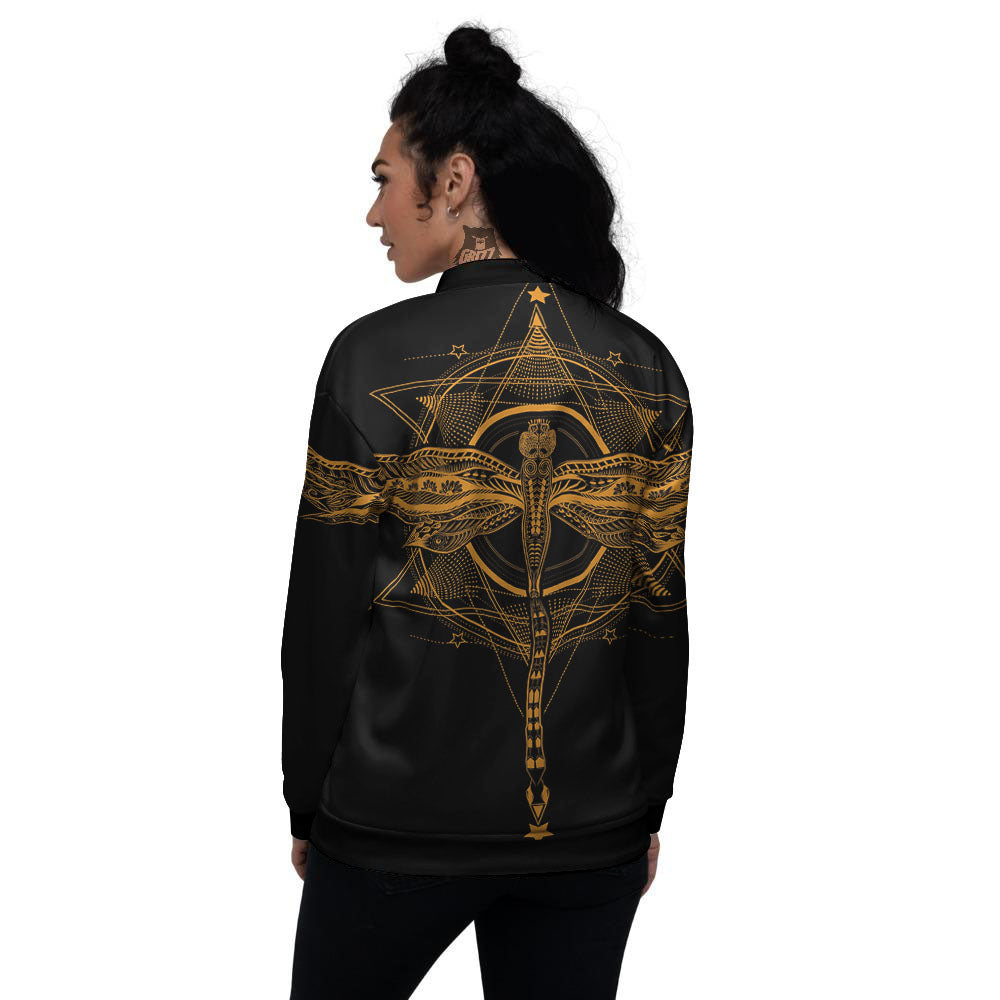 Dragonfly Boho Gold Print Women's Bomber Jacket-grizzshop