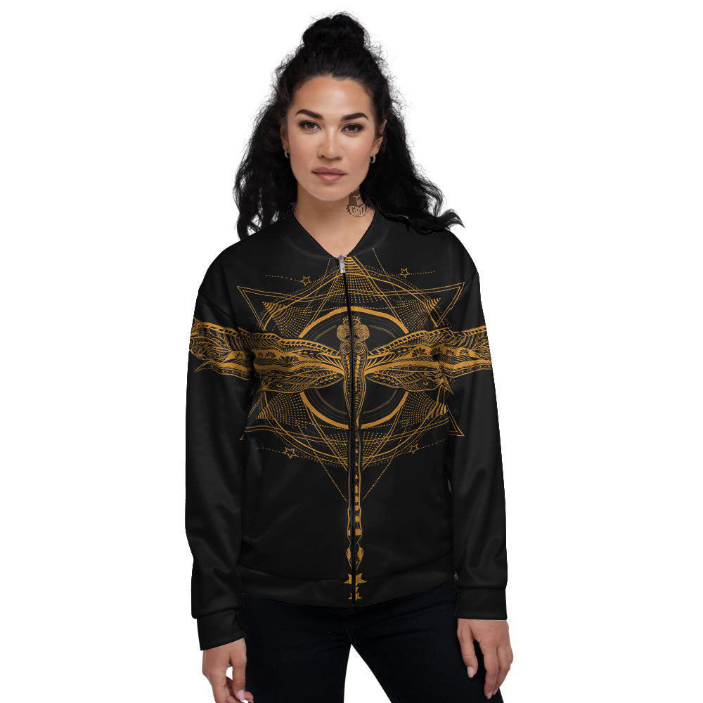 Dragonfly Boho Gold Print Women's Bomber Jacket-grizzshop