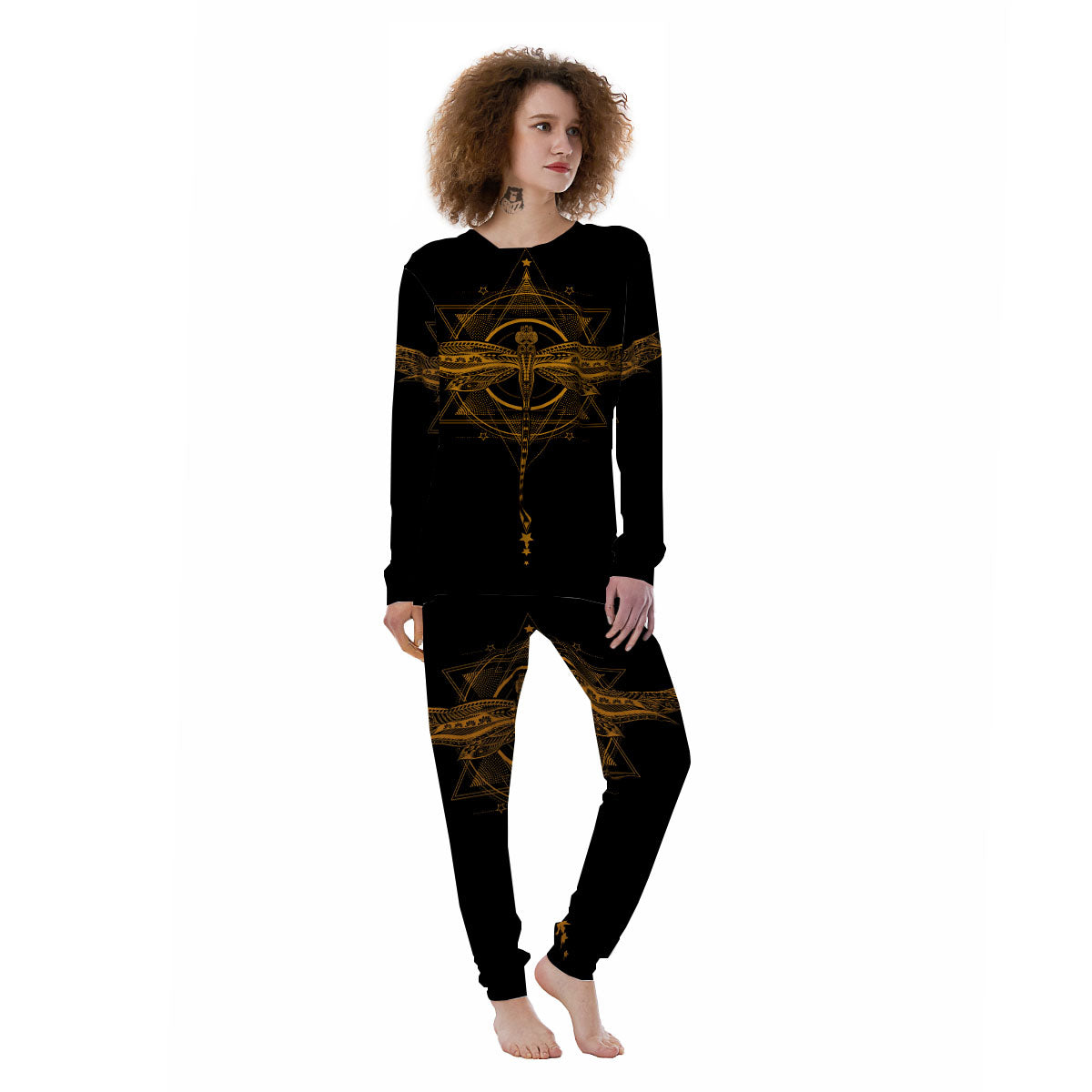 Dragonfly Boho Gold Print Women's Pajamas-grizzshop