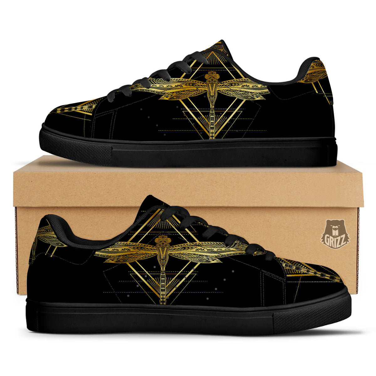 Dragonfly Boho Spiritual Print Black Low Top Sneakers-grizzshop