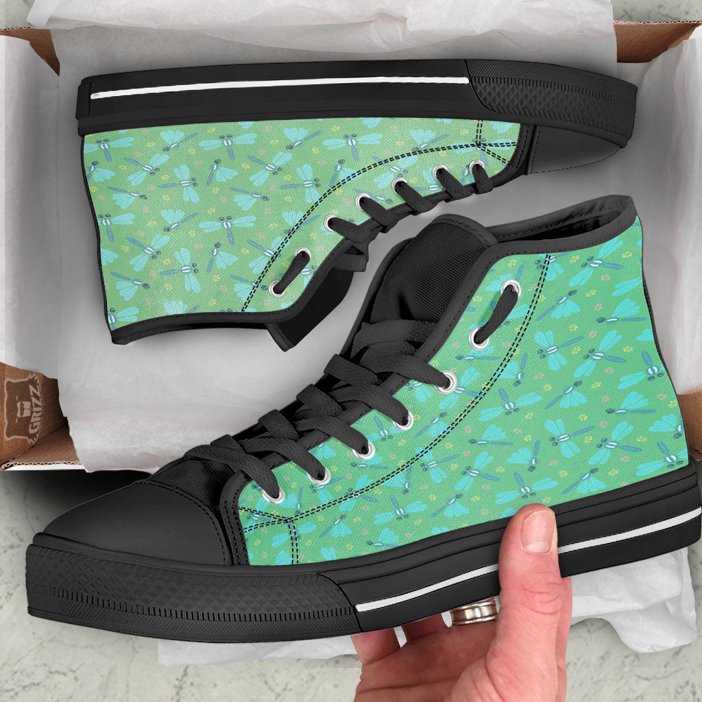 Dragonfly Green Print Pattern Black High Top Shoes-grizzshop