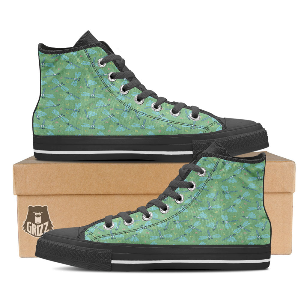 Dragonfly Green Print Pattern Black High Top Shoes-grizzshop